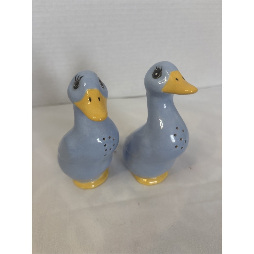 Vintage Pear Of Blue And Yellow, Ceramic Duck Figurines, Salt, n Pepper Shakers